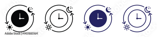 day night cycle schedule icon. weather clock sign icon. circadian rhythm icon. day and night transition symbol. sun and moon with clock representing time transition. vector illustration