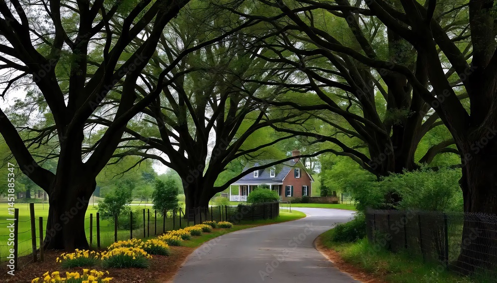 Fototapeta premium Narrow Winding Rural Road Shaded by Intertwining Tree Canopy