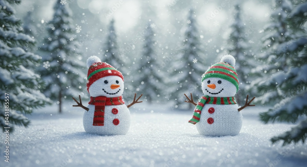 Obraz premium Two Snowmen in Winter Forest with Falling Snow