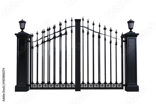 black iron gate with decorative posts isolated png transparent cutout
