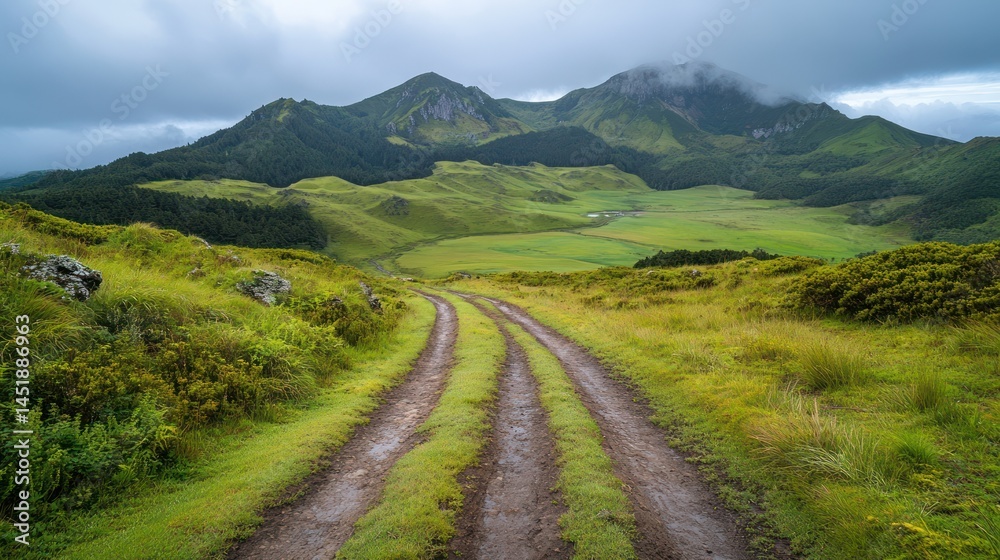 Fototapeta premium Volcanic Island Road, Green Valley, Cloudy Day
