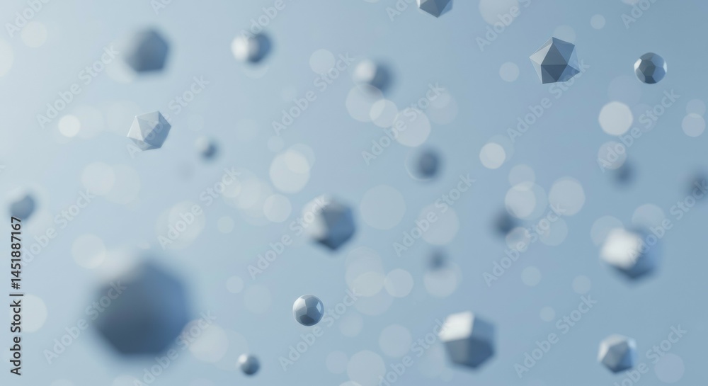Floating Geometric Shapes on Soft Blue Background with Bokeh Floating Geometric Shapes on Soft Blue Background with Bokeh