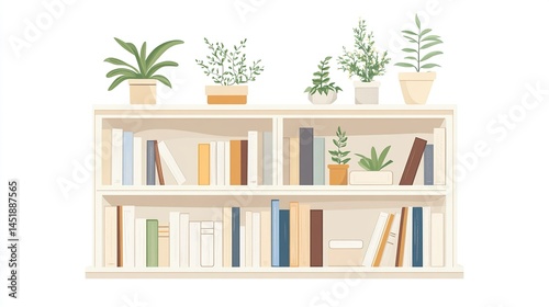 White bookcase with plants and books