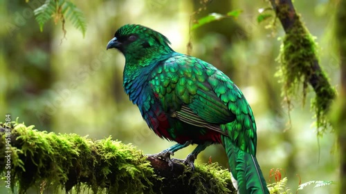 Resplendent Quetzal Perched on Moss-Covered Branch in Cloud Forest