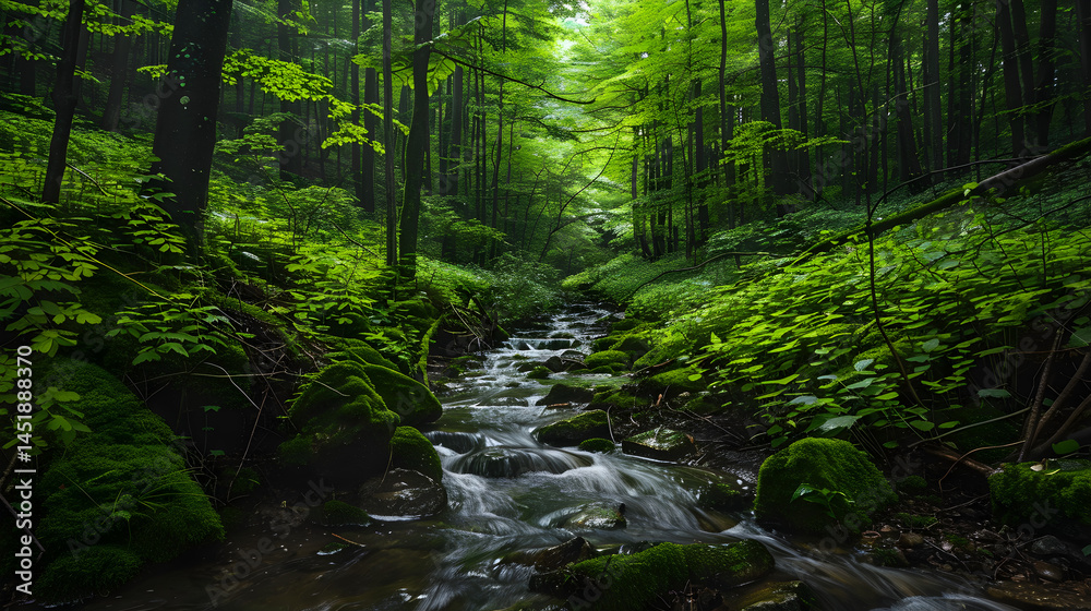 Obraz premium A stream flows through a lush green forest with mossy rocks and tall trees creating a peaceful scene