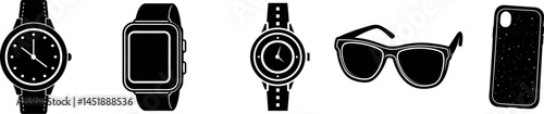 Essential Accessories Set: A minimalist, monochromatic arrangement of essential accessories. Including a wristwatch, smart watch, classic watch, sunglasses, and phone case, perfect for any lifestyle.
