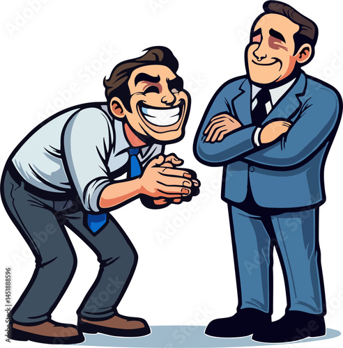 Cartoon Vector of Overly Enthusiastic Employee Flattering Confident Boss – Sycophantic Behavior Office Concept