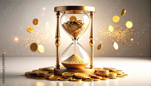 Golden Hourglass Filled with Coins and Sparkling Dust Effects