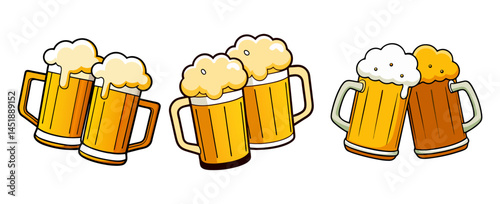 Glass or ceramic mugs filled of golden light beer with overflowing froth heads. Isolated on white background, for brewery emblem or beer party design