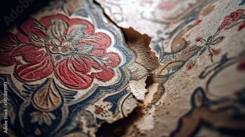 Close-Up of Aged Wallpaper with Peeled Edges and Floral Pattern