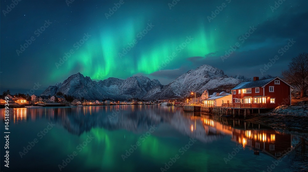 Peaceful Fisherman Village in Norway Under Northern Lights