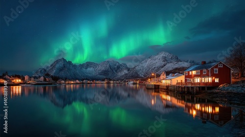 Obraz na płótnie Peaceful Fisherman Village in Norway Under Northern Lights w salonie