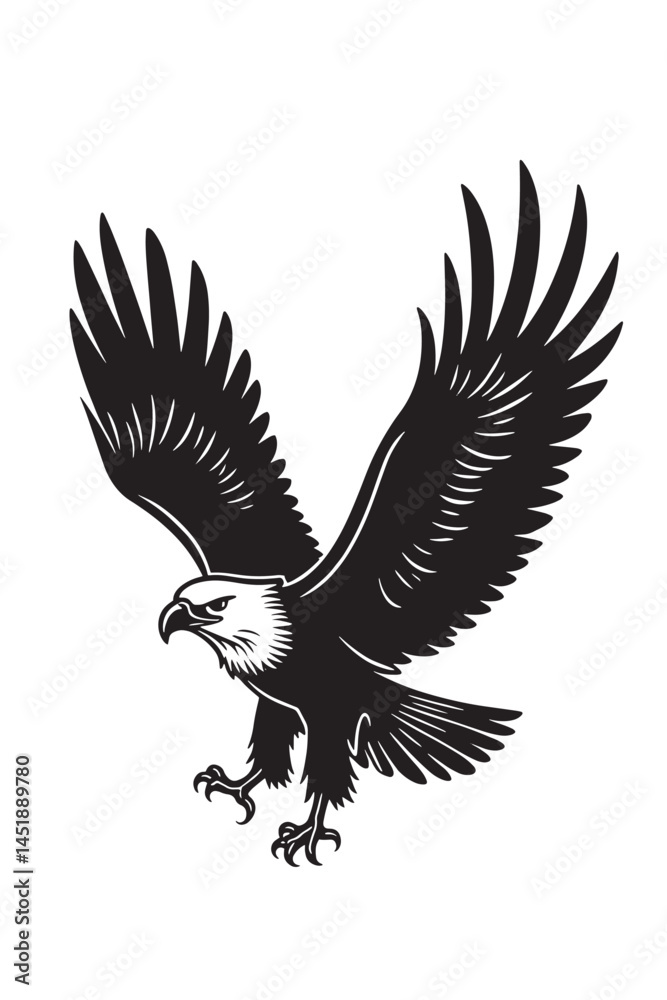 Fototapeta premium Flying Eagle Silhouette Vector. Bald Eagle Attack Pose Clipart Design.