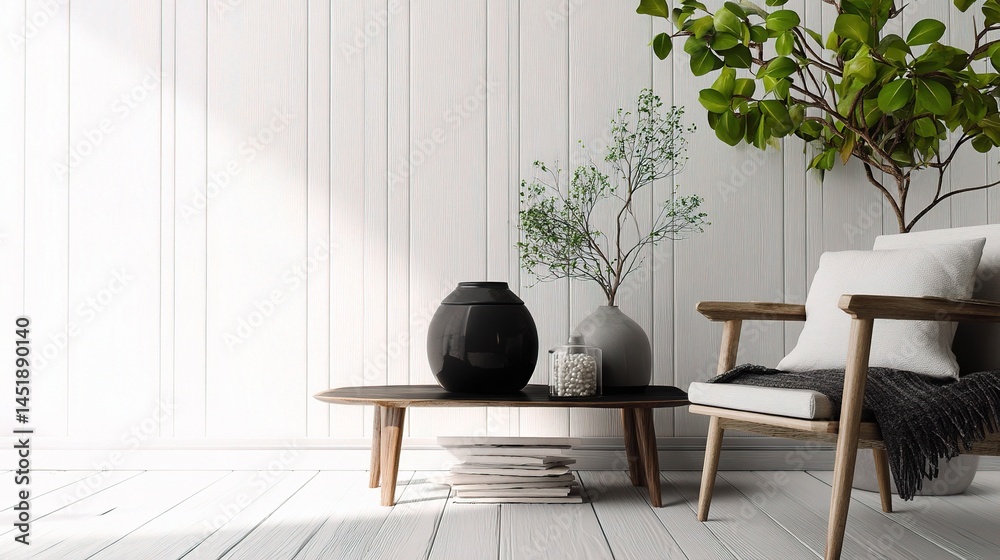 Minimalist Monochrome Interior with Wooden Textures and Greenery