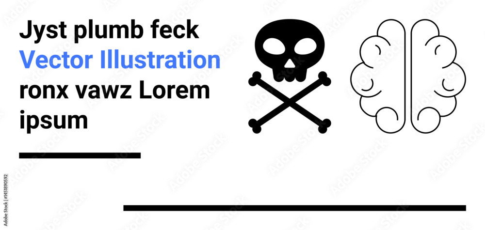 Obraz premium Skull and crossbones adjacent to brain outline with placeholder text. Ideal for caution, warning, intellect, health, mortality, science, or creativity themes, simple landing page
