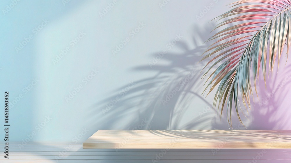 Minimalist Summer Scene with Pastel Colors and Palm Leaf Shadow