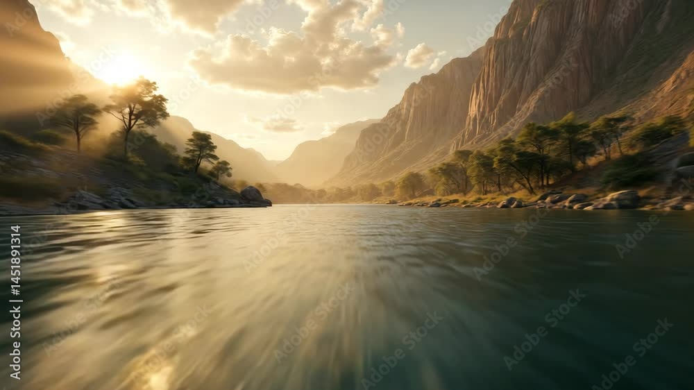 Low-altitude cinematic flight over ancient river at sunset with water reflections