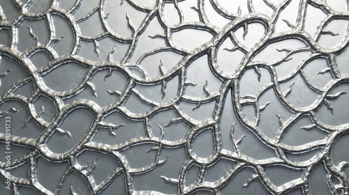 Intricate Silver Branch Pattern on a Smooth Metallic Surface, a Decorative Design Element for Interior Walls or Architectural Details