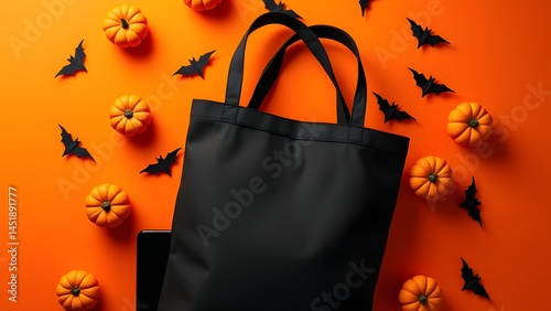 Halloween Tote Bag Mockup with Pumpkins and Bats