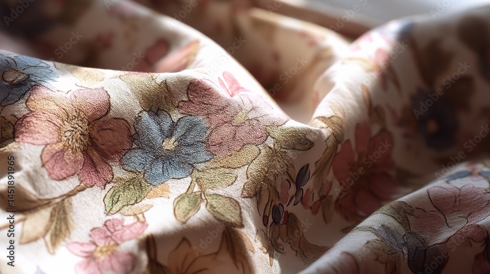 Vintage Floral Cotton Fabric Close-Up with Detailed Textile Patterns