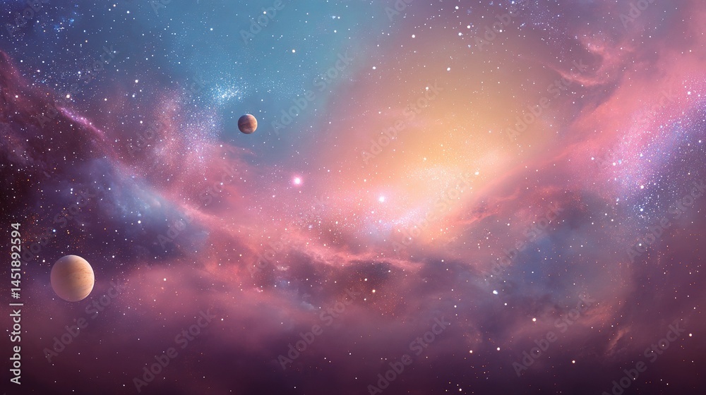 Stunning Galactic Scene with Glowing Stars and Planets in Space