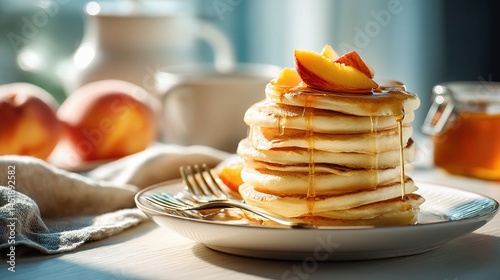 Obraz na płótnie Stack of Golden Pancakes with Maple Syrup and Fresh Fruit Topping w salonie