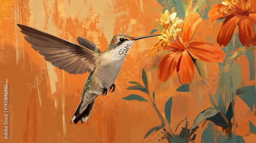 An illustration of a hummingbird in flight, hovering delicately in front of a vibrant orange flower. photo