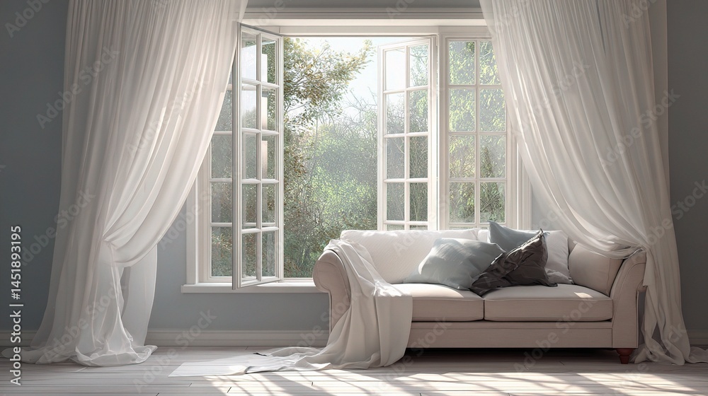 Bright and Spacious Living Room with Open Window and Natural Light