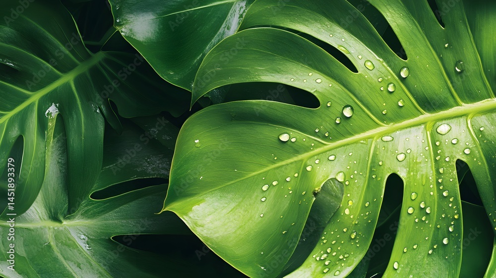 Fototapeta premium Lush Green Monstera Leaves with Dew Drops