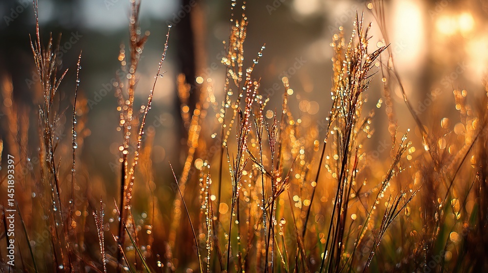 Macro View of Golden Light on Forest Grass at Sunset Time