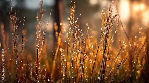 Obraz na płótnie Macro View of Golden Light on Forest Grass at Sunset Time w salonie