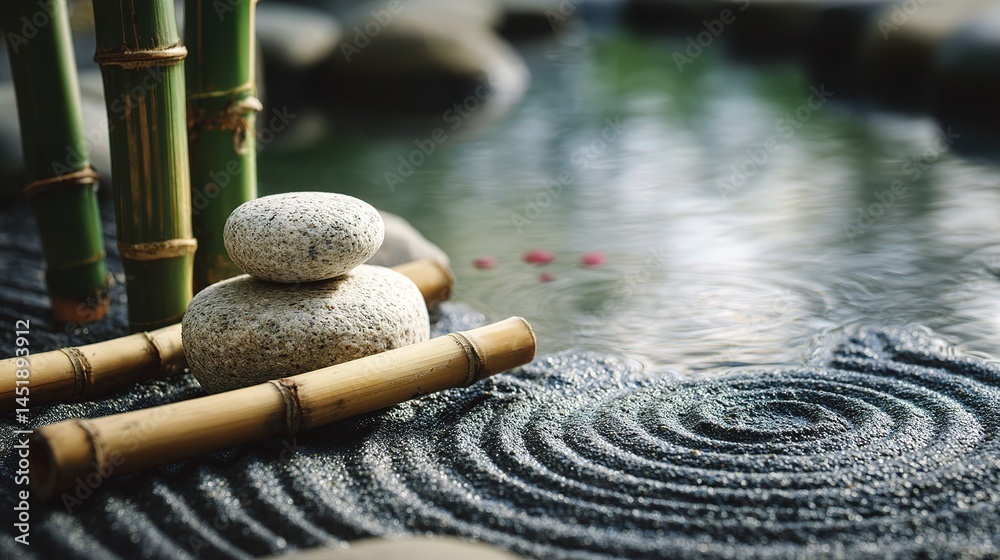 Serene Zen Garden with Smooth Pebbles and Bamboo Elements