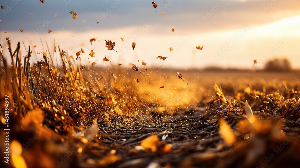 Glowing Golden Fields at Dusk with Falling Leaves in Autumn