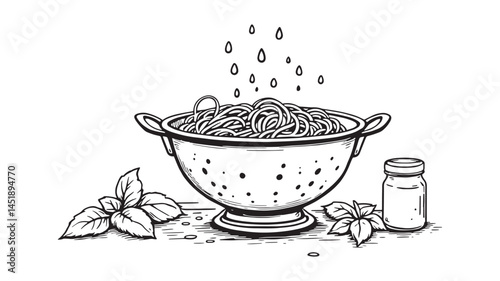 Spaghetti Cooking Scene line art woman stirring pot with elegance