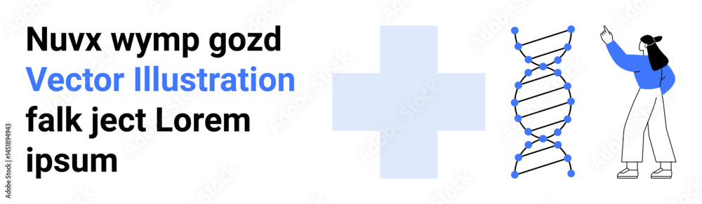Female scientist analyzing DNA strand, medical cross symbol beside. Ideal for healthcare, research, science, biotechnology, genetics, education, and a simple landing page Female scientist analyzing DNA strand, medical cross symbol beside. Ideal for healthcare, research, science, biotechnology, genetics, education, and a simple landing page