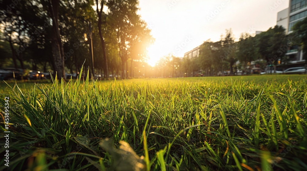 Soft Grass Under Golden Sunbeam in Urban Park Setting
