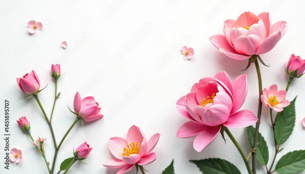 Fototapeta premium Pure white background featuring delicate floral arrangement, texture, arrangement