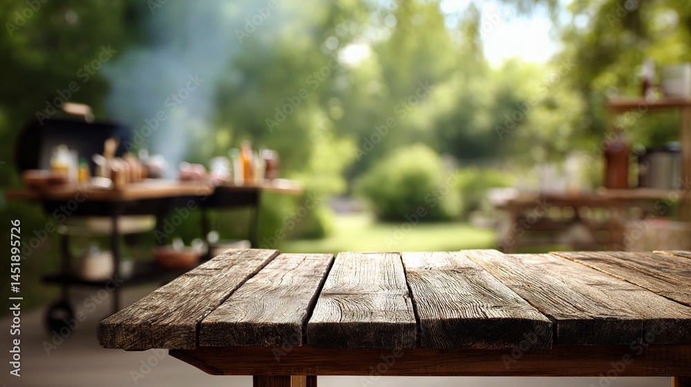 Outdoor Barbecue Scene with Blurred Background and Wooden Table