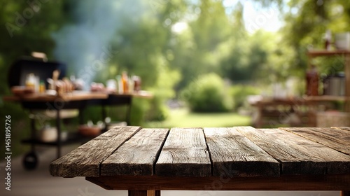 Obraz na płótnie Outdoor Barbecue Scene with Blurred Background and Wooden Table w salonie