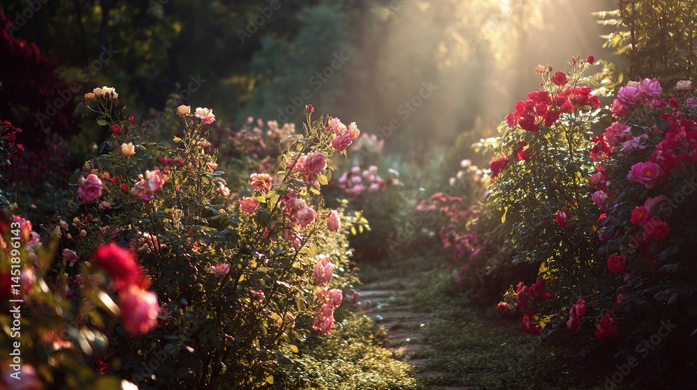Dreamy Rose Garden Bathed in Glowing Sunlight and Soft Light
