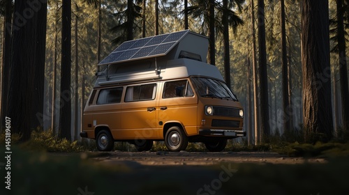 Photorealistic image of a camper van with rooftop solar panel parked in the forest, morning light