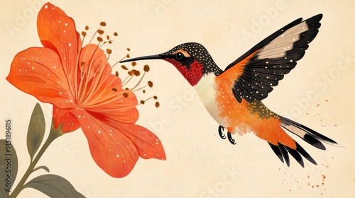 An illustration of a hummingbird in flight, hovering delicately in front of a vibrant orange flower. photo