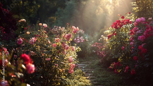 Obraz na płótnie Dreamy Rose Garden Bathed in Glowing Sunlight and Soft Light w salonie