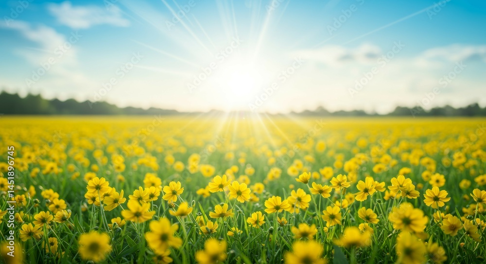 Obraz premium Yellow Flower Field in Sunlight Under Blue Sky Background