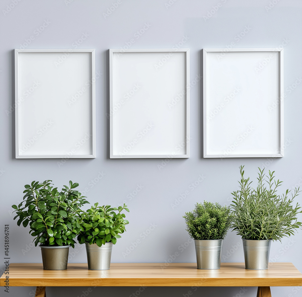 Fototapeta premium Three empty gray picture frames above wooden table with plants 
