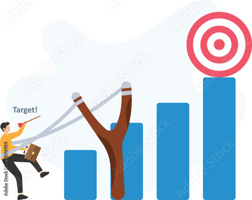 A businessman using a slingshot to achieve a business target on top of a growth chart symbolizes the strategic action and precision required to reach ambitious business goals. The slingshot represents