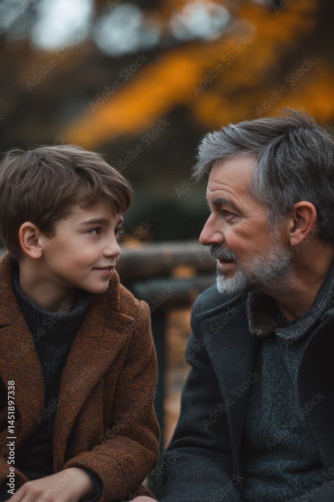 Grandfather and grandson sharing a heartfelt conversation in an autumn park