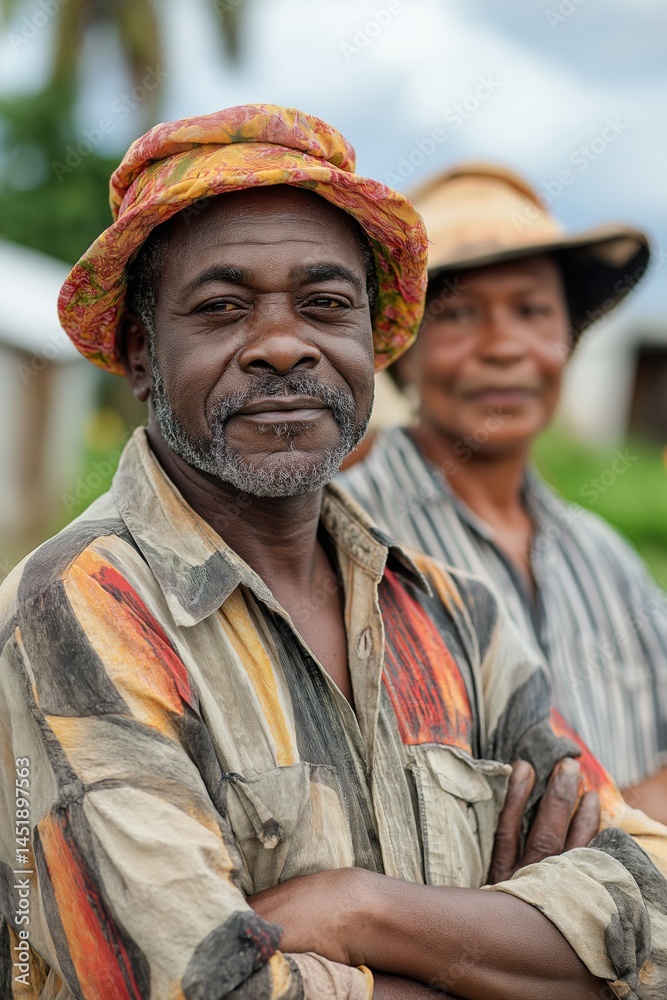 Portrait of a confident man in a colorful hat and striped shirt standing outdoors