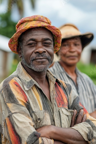 Portrait of a confident man in a colorful hat and striped shirt standing outdoors