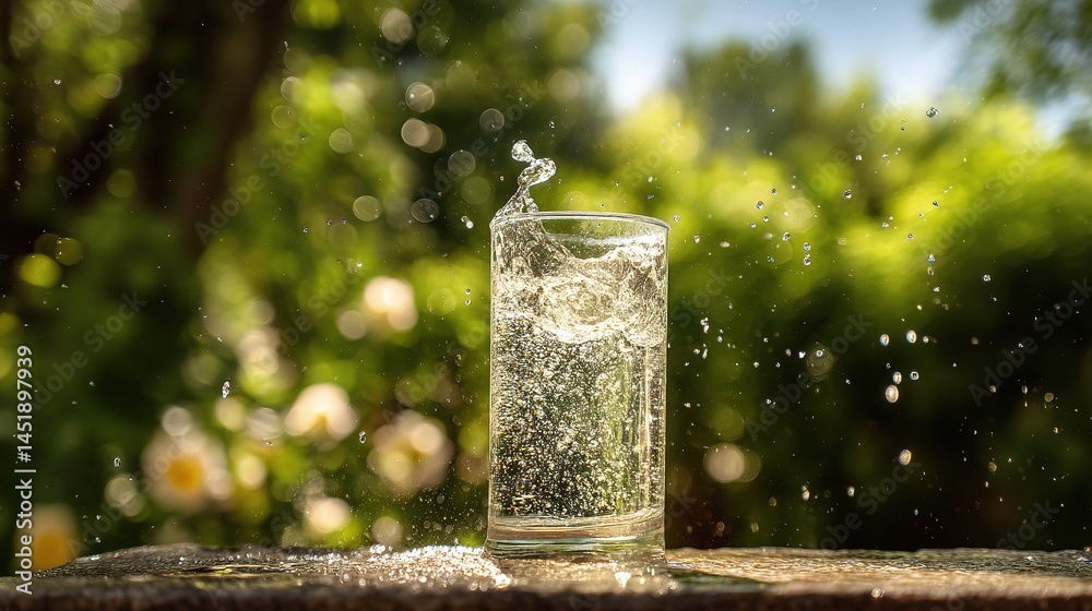 Clear Cold Water Splashing into Glass with Bubbles and Nature Background
